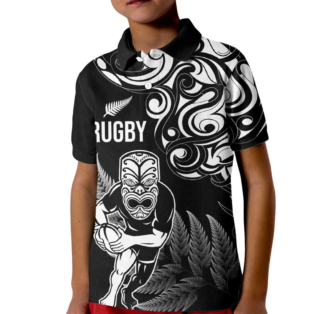New Zealand Maori Warrior Rugby Kid Polo Shirt Silver Fern LT03 Kid Black - Polynesian Pride