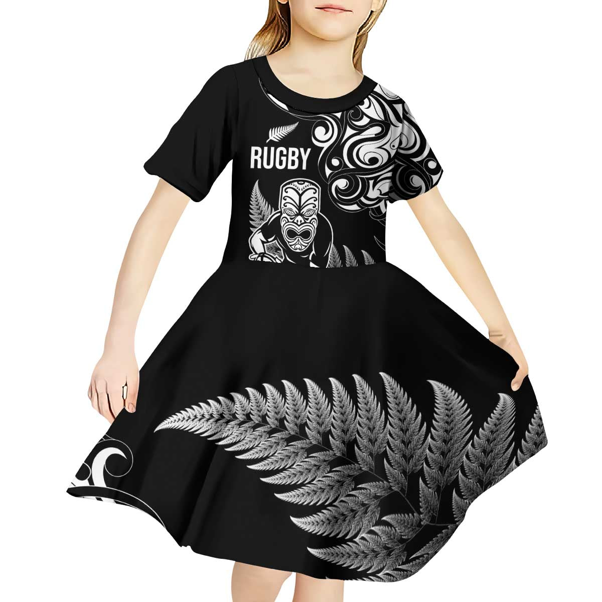 New Zealand Maori Warrior Rugby Kid Short Sleeve Dress Silver Fern