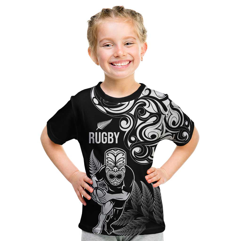 New Zealand Maori Warrior Rugby Kid T Shirt Silver Fern LT03 Black - Polynesian Pride