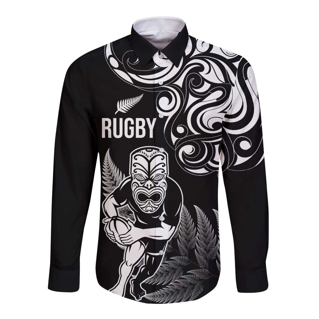 New Zealand Maori Warrior Rugby Long Sleeve Button Shirt Silver Fern LT03 Unisex Black - Polynesian Pride