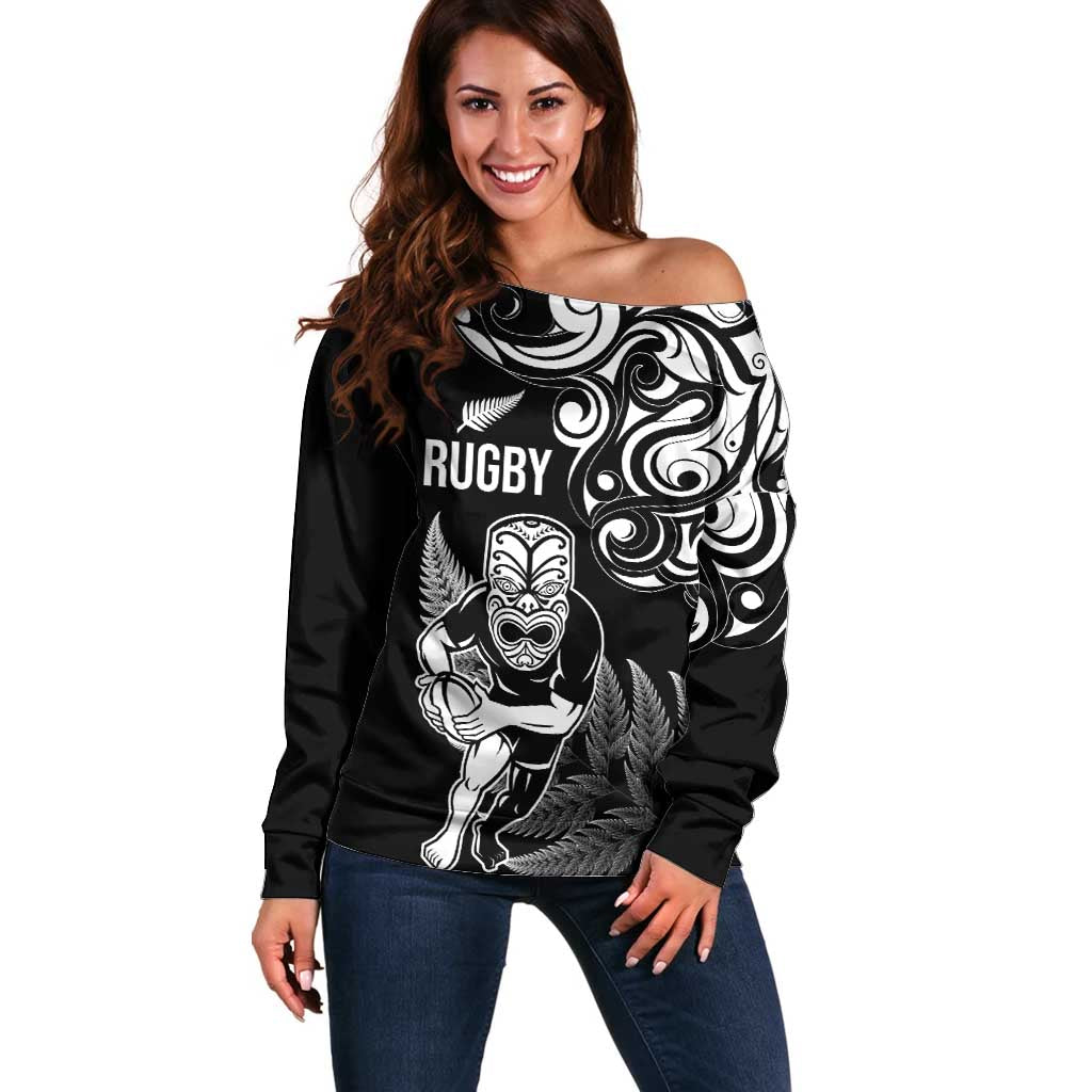 New Zealand Maori Warrior Rugby Off Shoulder Sweater Silver Fern