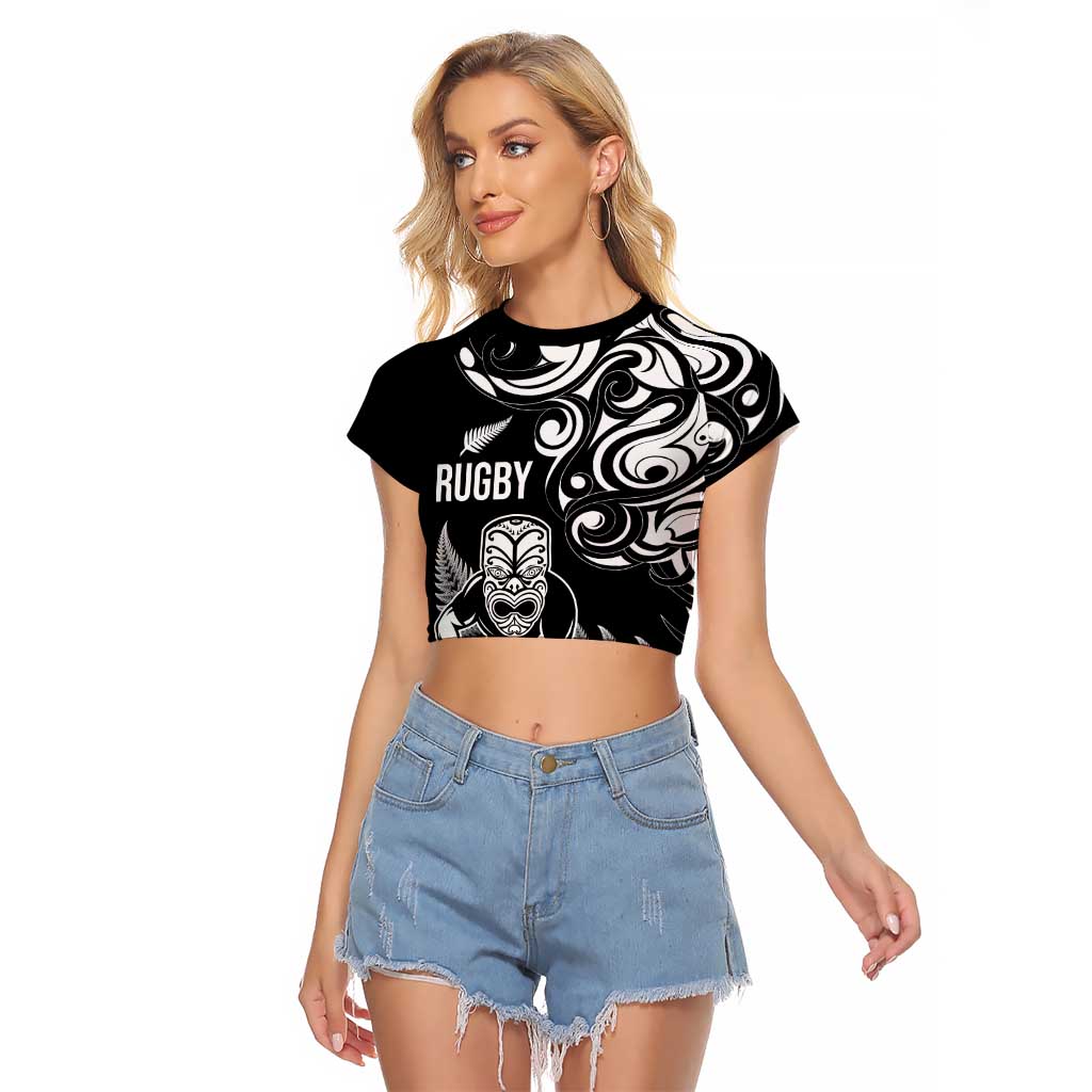 New Zealand Maori Warrior Rugby Raglan Cropped T Shirt Silver Fern LT03 Female Black - Polynesian Pride