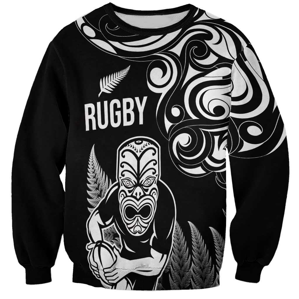 New Zealand Maori Warrior Rugby Sweatshirt Silver Fern LT03 Unisex Black - Polynesian Pride