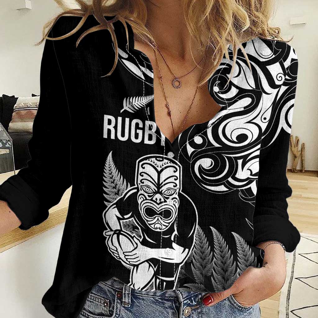 New Zealand Maori Warrior Rugby Women Casual Shirt Silver Fern LT03 Female Black - Polynesian Pride