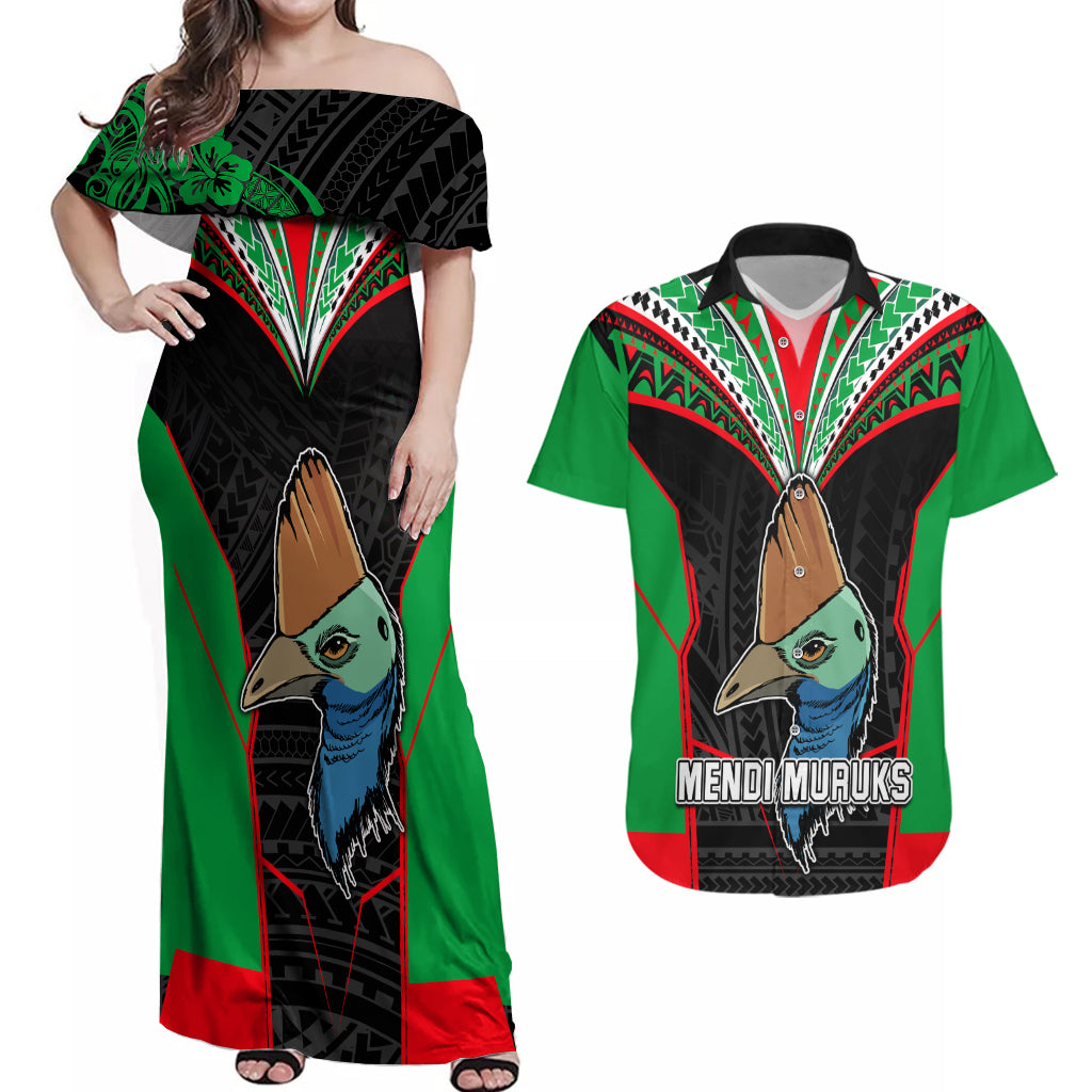 Custom PNG Mendi Muruks Rugby Couples Matching Off Shoulder Maxi Dress and Hawaiian Shirt The Cassowary Head and PNG Bird Polynesian Tattoo LT03 Green - Polynesian Pride