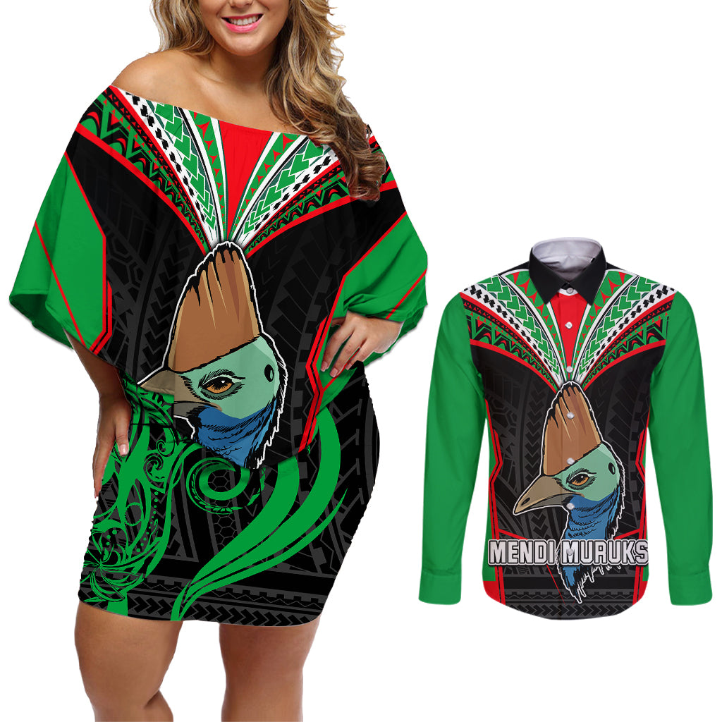 Custom PNG Mendi Muruks Rugby Couples Matching Off Shoulder Short Dress and Long Sleeve Button Shirts The Cassowary Head and PNG Bird Polynesian Tattoo LT03 Green - Polynesian Pride