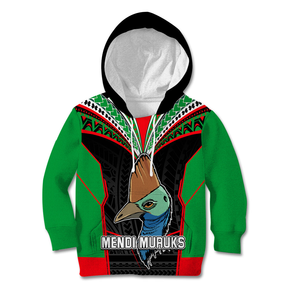 Custom PNG Mendi Muruks Rugby Kid Hoodie The Cassowary Head and PNG Bird Polynesian Tattoo LT03 Green - Polynesian Pride