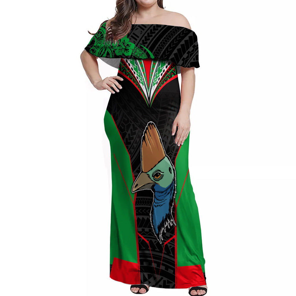 Custom PNG Mendi Muruks Rugby Off Shoulder Maxi Dress The Cassowary Head and PNG Bird Polynesian Tattoo LT03 Women Green - Polynesian Pride