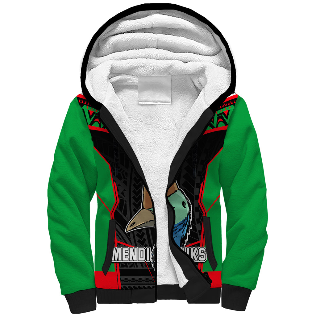 Custom PNG Mendi Muruks Rugby Sherpa Hoodie The Cassowary Head and PNG Bird Polynesian Tattoo LT03 Unisex Green - Polynesian Pride