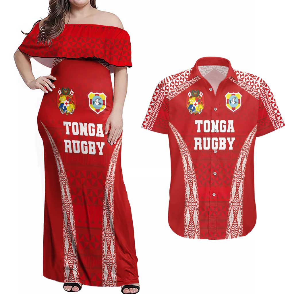 Custom Tonga Pacific Rugby 2024 Couples Matching Off Shoulder Maxi Dress and Hawaiian Shirt Ngatu Tribal Pattern