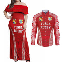 Custom Tonga Pacific Rugby 2024 Couples Matching Off Shoulder Maxi Dress and Long Sleeve Button Shirt Ngatu Tribal Pattern