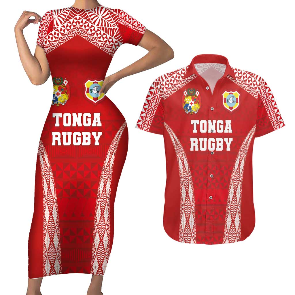 Custom Tonga Pacific Rugby 2024 Couples Matching Short Sleeve Bodycon Dress and Hawaiian Shirt Ngatu Tribal Pattern