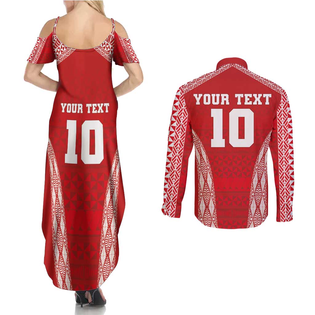 Custom Tonga Pacific Rugby 2024 Couples Matching Summer Maxi Dress and Long Sleeve Button Shirt Ngatu Tribal Pattern