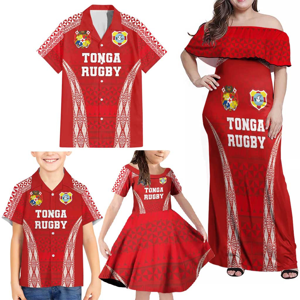 Custom Tonga Pacific Rugby 2024 Family Matching Off Shoulder Maxi Dress and Hawaiian Shirt Ngatu Tribal Pattern