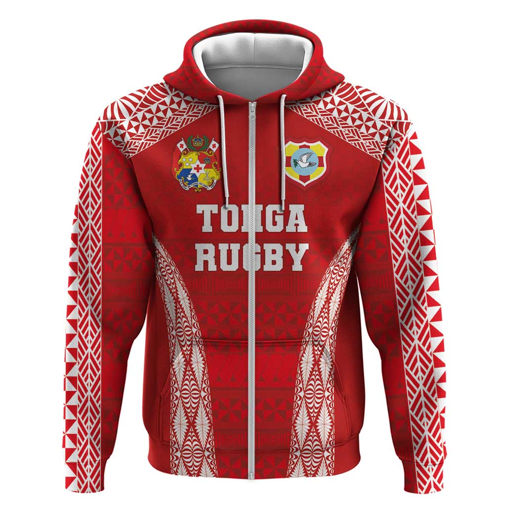 Custom Tonga Pacific Rugby 2024 Hoodie Ngatu Tribal Pattern LT03 Zip Hoodie Red - Polynesian Pride
