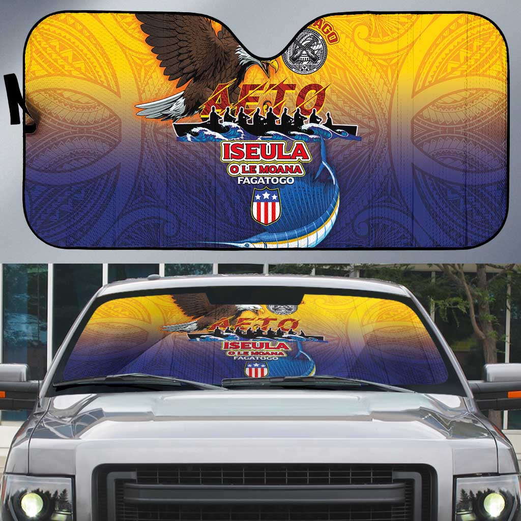 American Samoa Fautasi Auto Sun Shade Bald Eage and Sailfish with Kakau Motifs - Polynesian Pride