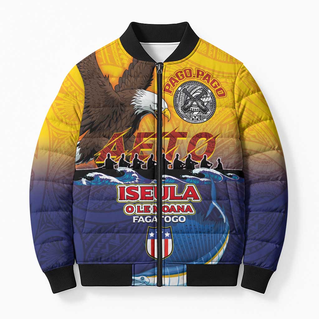 American Samoa Fautasi Bomber Puffer Jacket Bald Eage and Sailfish with Kakau Motifs LT03 Unisex Yellow - Polynesian Pride