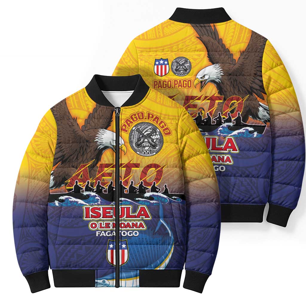 American Samoa Fautasi Bomber Puffer Jacket Bald Eage and Sailfish with Kakau Motifs LT03 - Polynesian Pride