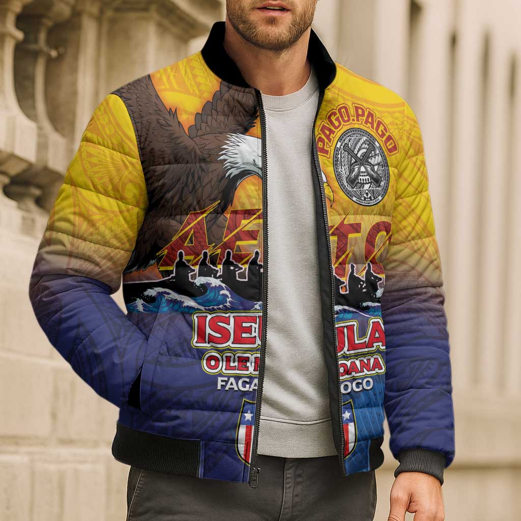 American Samoa Fautasi Bomber Puffer Jacket Bald Eage and Sailfish with Kakau Motifs LT03 - Polynesian Pride