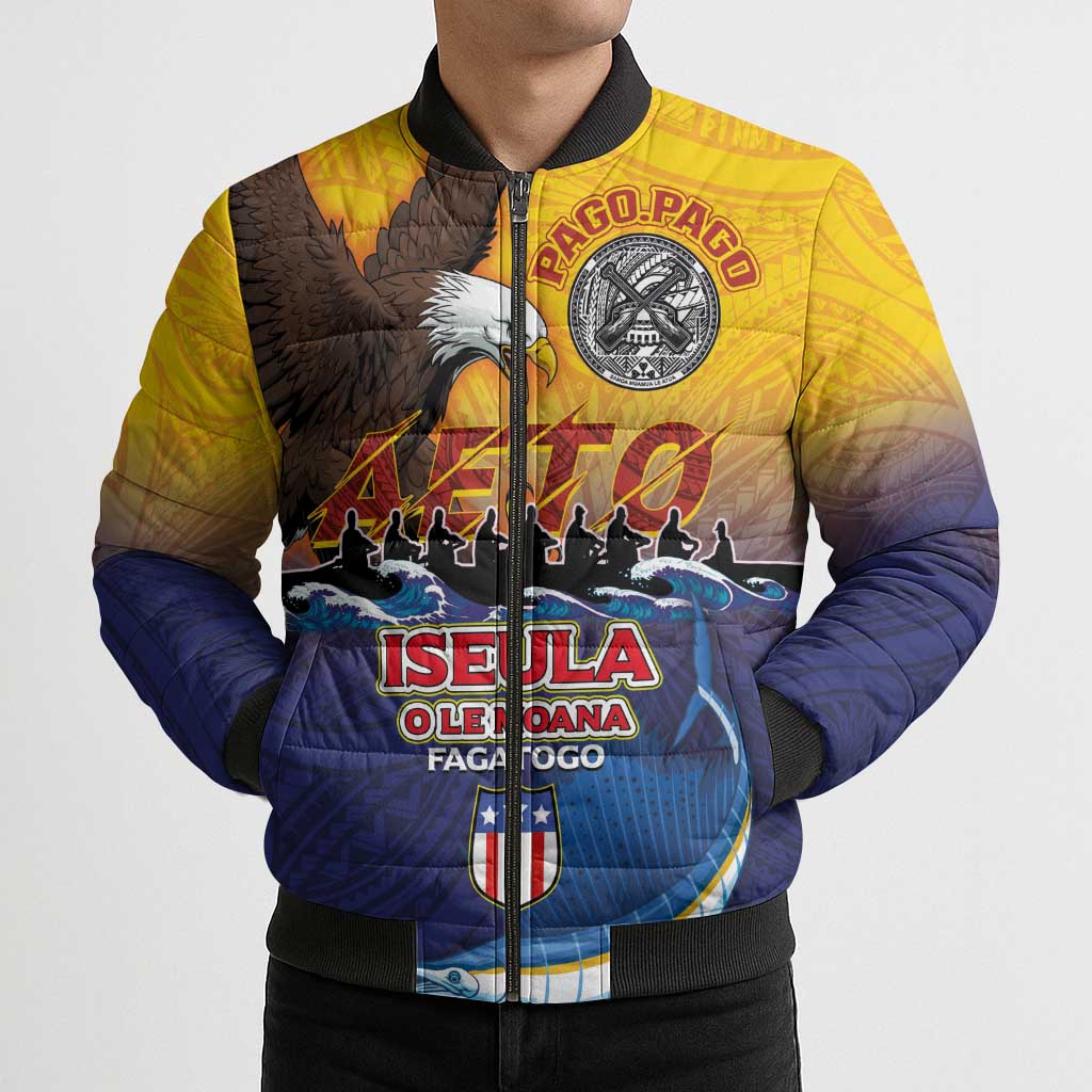 American Samoa Fautasi Bomber Puffer Jacket Bald Eage and Sailfish with Kakau Motifs LT03 - Polynesian Pride