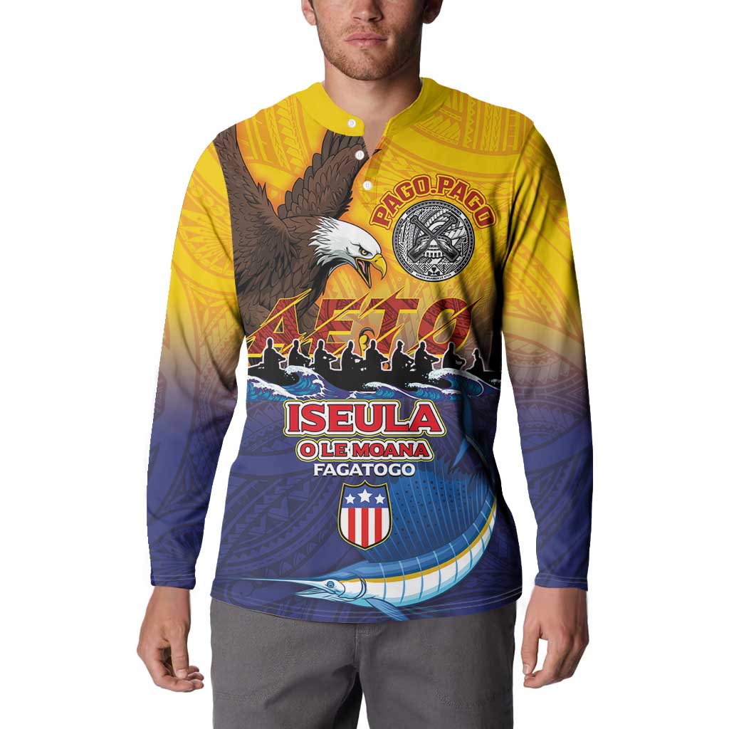 American Samoa Fautasi Button Sweatshirt Bald Eage and Sailfish with Kakau Motifs - Polynesian Pride