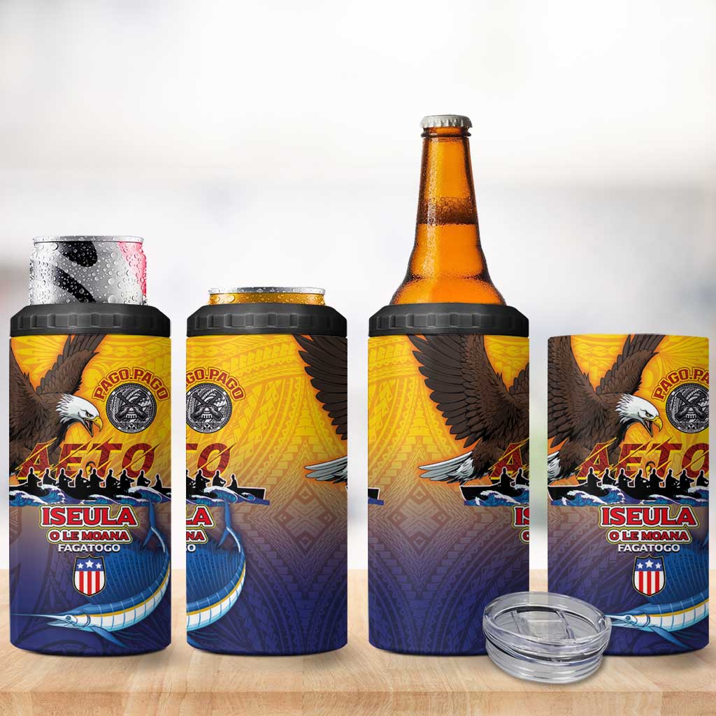 American Samoa Fautasi 4 in 1 Can Cooler Tumbler Bald Eage and Sailfish with Kakau Motifs - Polynesian Pride