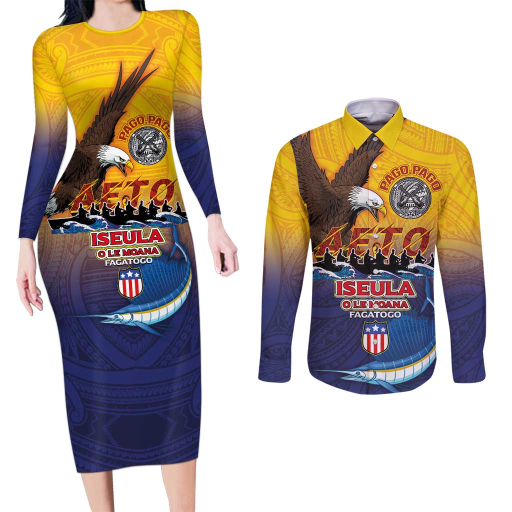 American Samoa Fautasi Couples Matching Long Sleeve Bodycon Dress and Long Sleeve Button Shirt Bald Eage and Sailfish with Kakau Motifs - Polynesian Pride