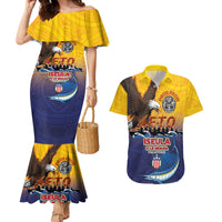 American Samoa Fautasi Couples Matching Mermaid Dress and Hawaiian Shirt Bald Eage and Sailfish with Kakau Motifs - Polynesian Pride