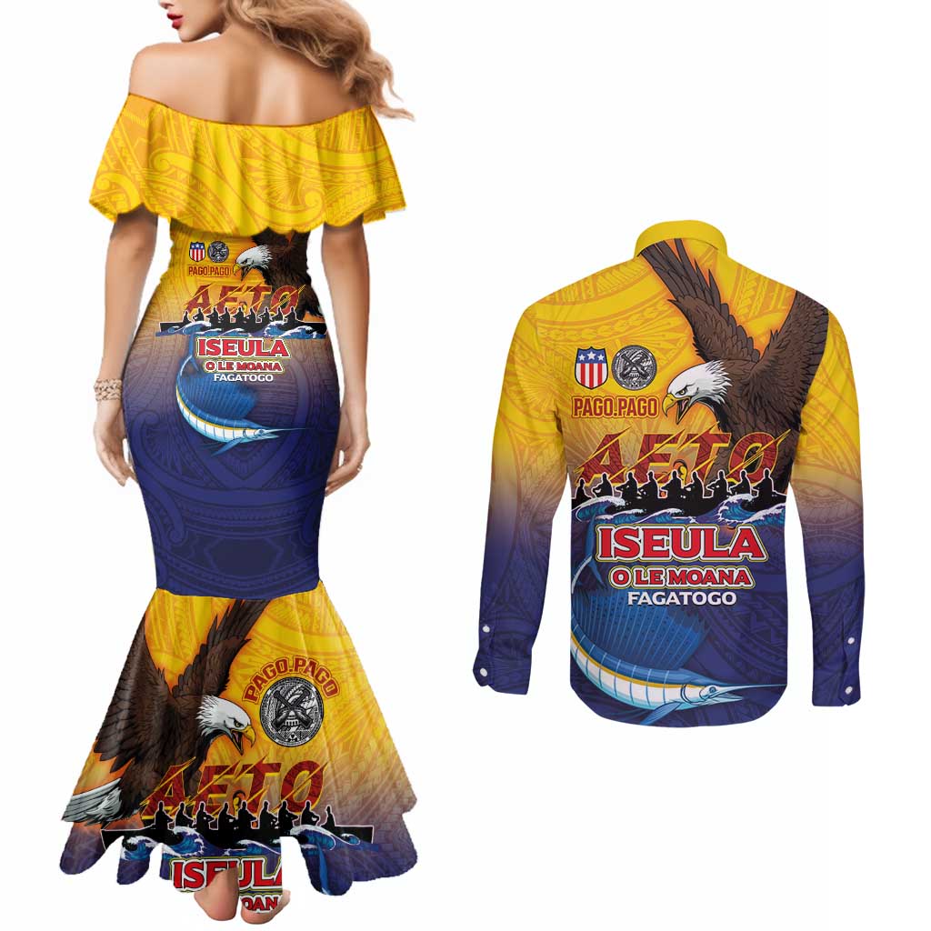 American Samoa Fautasi Couples Matching Mermaid Dress and Long Sleeve Button Shirt Bald Eage and Sailfish with Kakau Motifs - Polynesian Pride