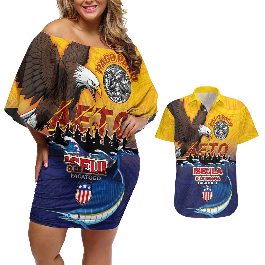 American Samoa Fautasi Couples Matching Off Shoulder Short Dress and Hawaiian Shirt Bald Eage and Sailfish with Kakau Motifs - Polynesian Pride