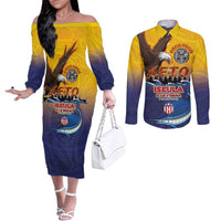 American Samoa Fautasi Couples Matching Off The Shoulder Long Sleeve Dress and Long Sleeve Button Shirt Bald Eage and Sailfish with Kakau Motifs - Polynesian Pride