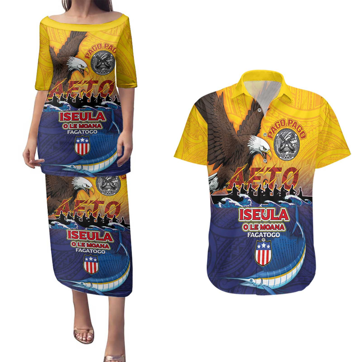 American Samoa Fautasi Couples Matching Puletasi and Hawaiian Shirt Bald Eage and Sailfish with Kakau Motifs - Polynesian Pride