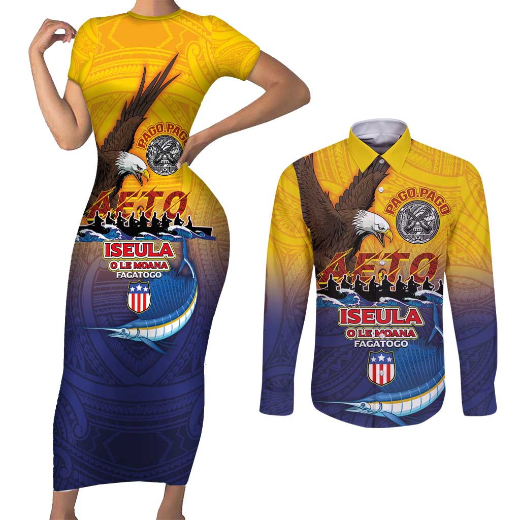 American Samoa Fautasi Couples Matching Short Sleeve Bodycon Dress and Long Sleeve Button Shirt Bald Eage and Sailfish with Kakau Motifs - Polynesian Pride