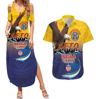 American Samoa Fautasi Couples Matching Summer Maxi Dress and Hawaiian Shirt Bald Eage and Sailfish with Kakau Motifs - Polynesian Pride