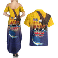 American Samoa Fautasi Couples Matching Summer Maxi Dress and Hawaiian Shirt Bald Eage and Sailfish with Kakau Motifs - Polynesian Pride