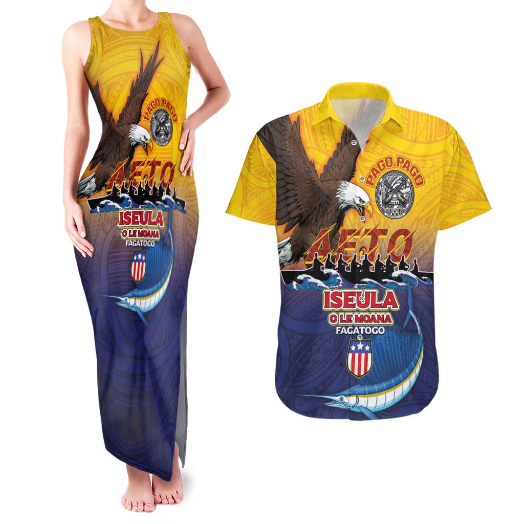 American Samoa Fautasi Couples Matching Tank Maxi Dress and Hawaiian Shirt Bald Eage and Sailfish with Kakau Motifs - Polynesian Pride