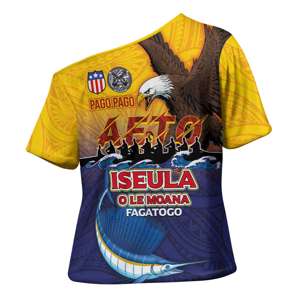 American Samoa Fautasi Cross Shoulder Shirt Bald Eage and Sailfish with Kakau Motifs - Polynesian Pride