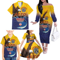 American Samoa Fautasi Family Matching Off The Shoulder Long Sleeve Dress and Hawaiian Shirt Bald Eage and Sailfish with Kakau Motifs - Polynesian Pride