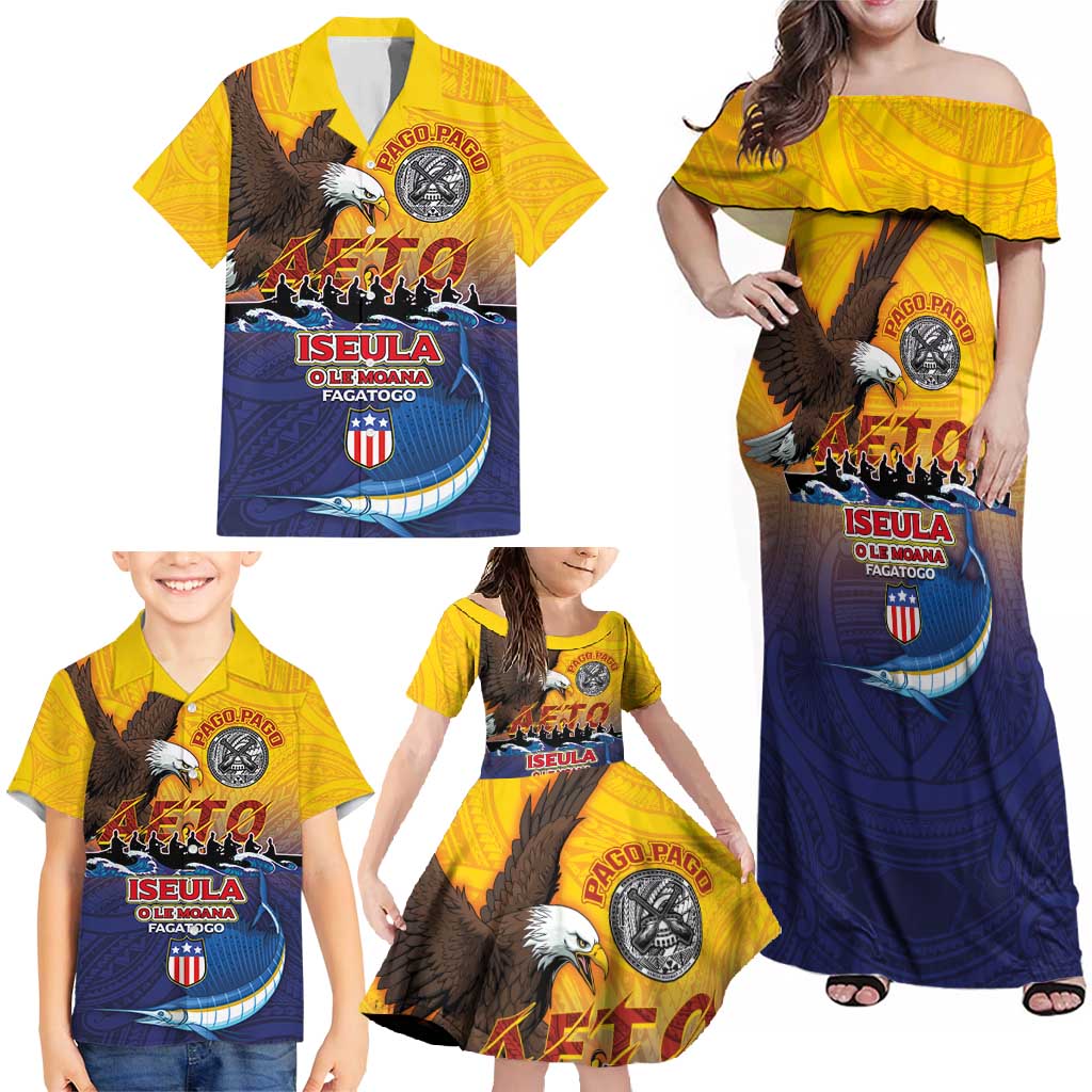 American Samoa Fautasi Family Matching Off Shoulder Maxi Dress and Hawaiian Shirt Bald Eage and Sailfish with Kakau Motifs - Polynesian Pride