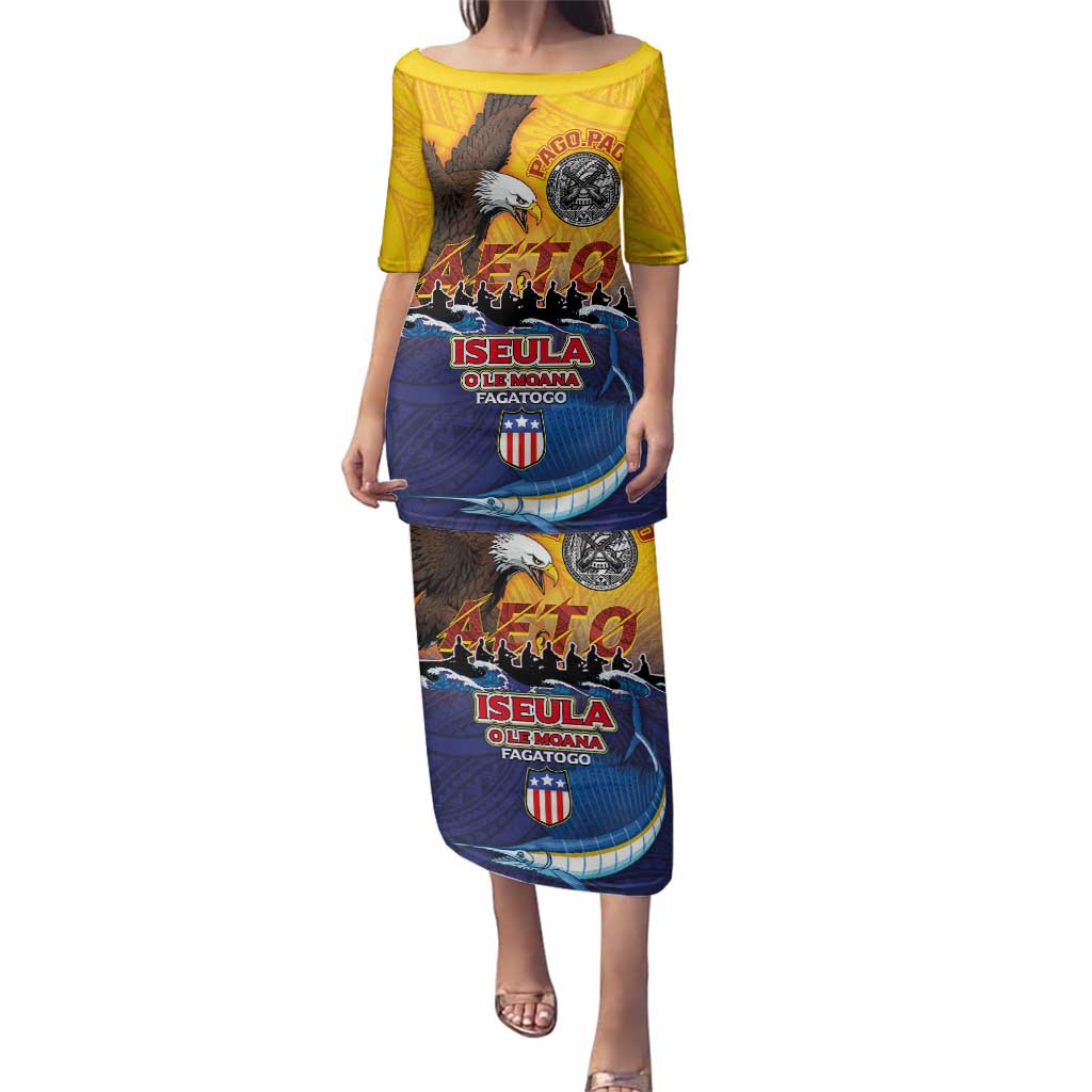 American Samoa Fautasi Family Matching Puletasi and Hawaiian Shirt Bald Eage and Sailfish with Kakau Motifs - Polynesian Pride