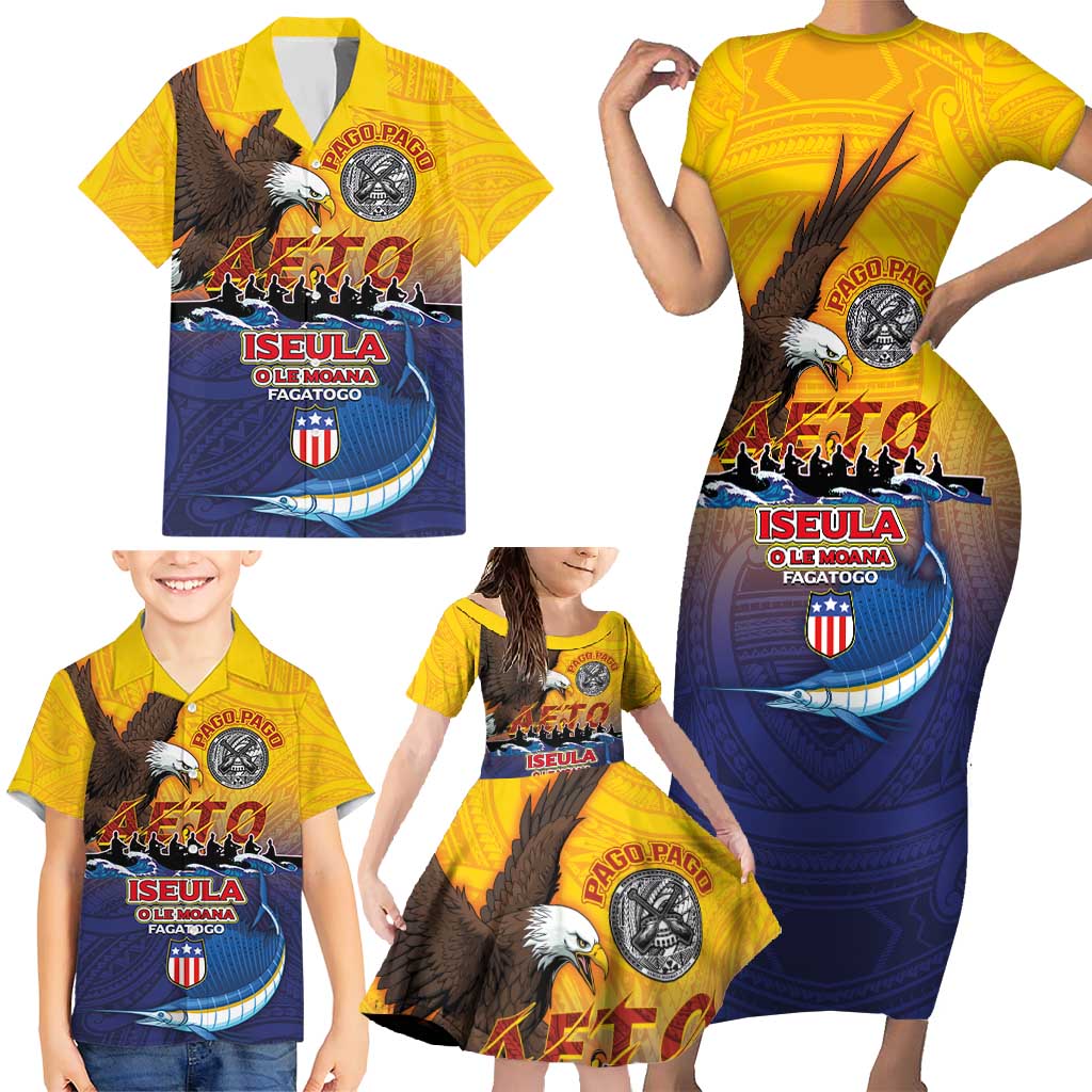 American Samoa Fautasi Family Matching Short Sleeve Bodycon Dress and Hawaiian Shirt Bald Eage and Sailfish with Kakau Motifs - Polynesian Pride