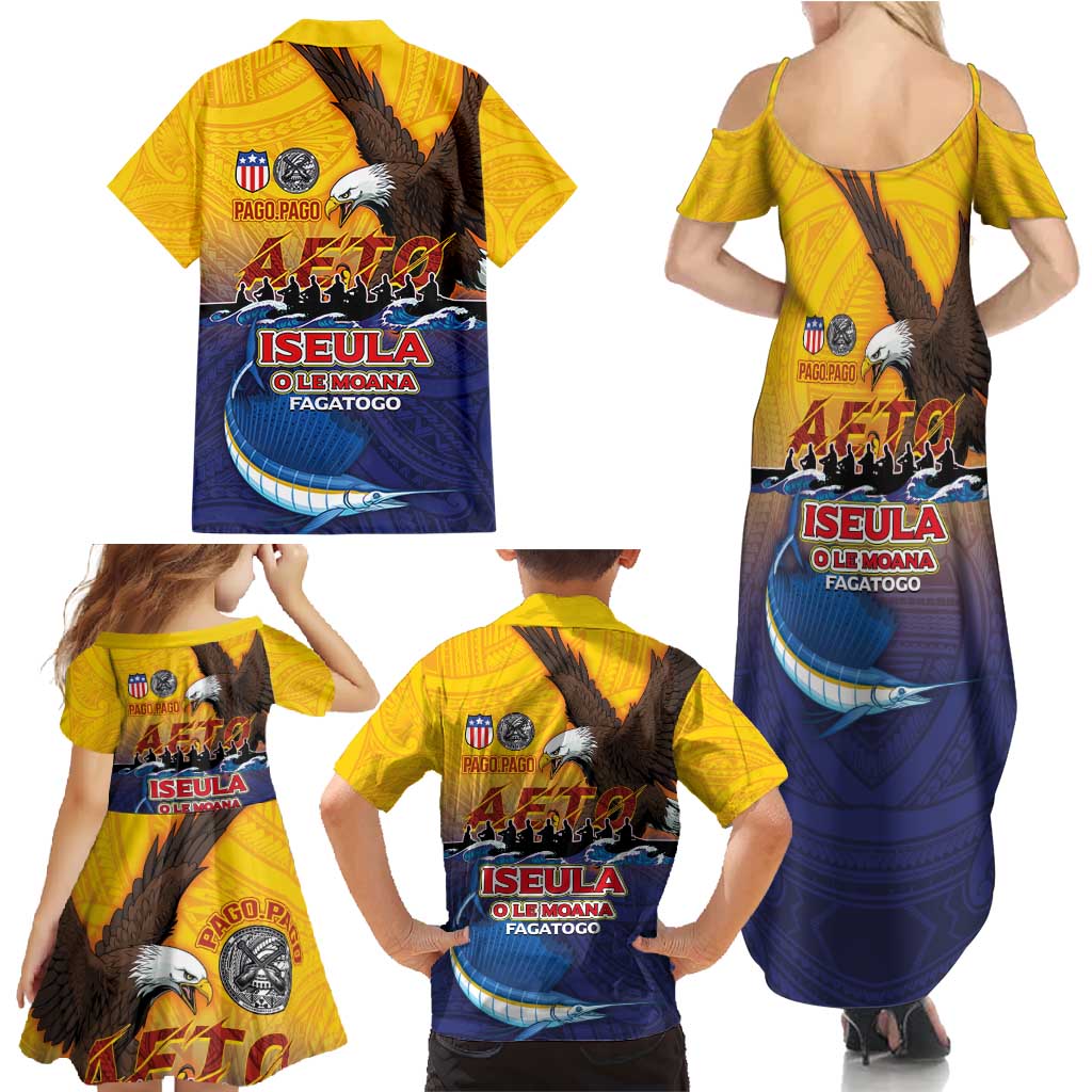 American Samoa Fautasi Family Matching Summer Maxi Dress and Hawaiian Shirt Bald Eage and Sailfish with Kakau Motifs - Polynesian Pride