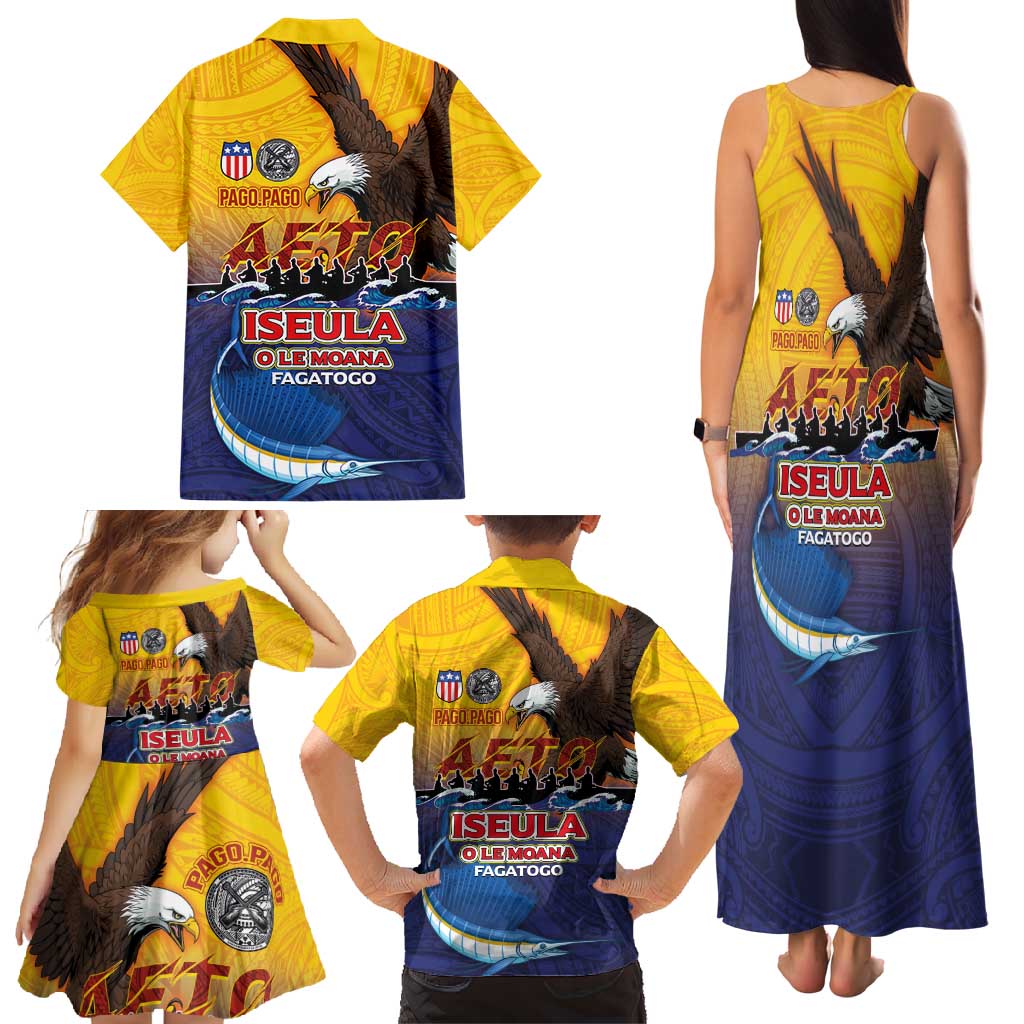 American Samoa Fautasi Family Matching Tank Maxi Dress and Hawaiian Shirt Bald Eage and Sailfish with Kakau Motifs - Polynesian Pride