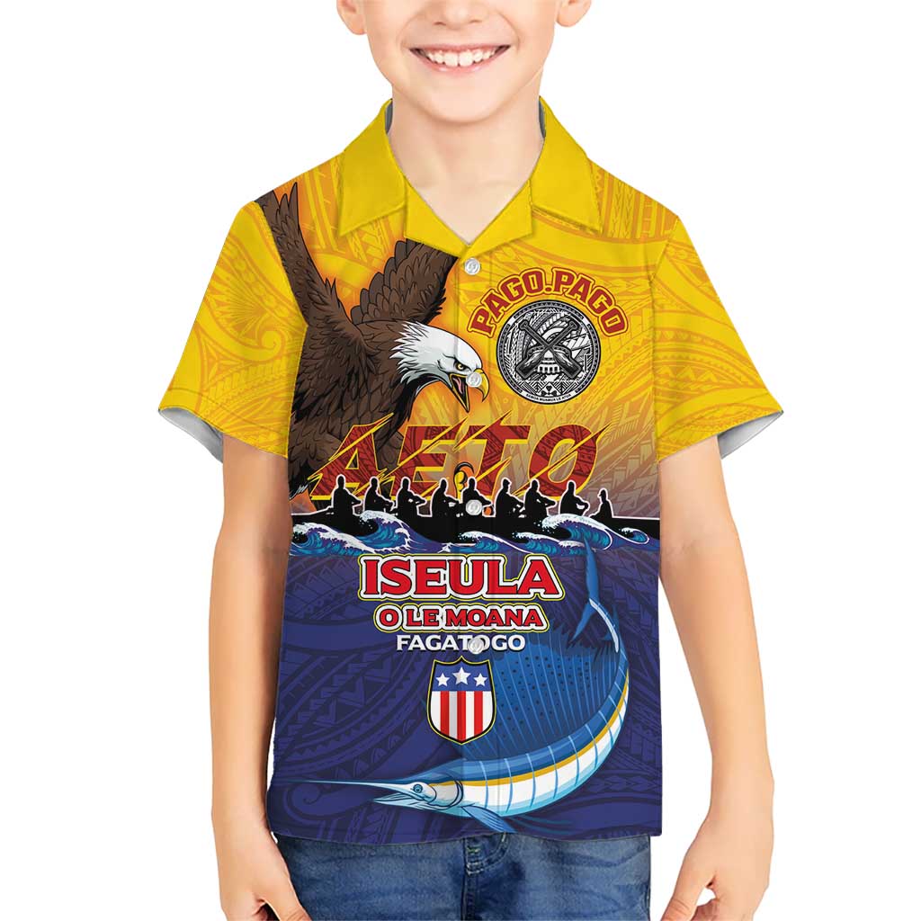 American Samoa Fautasi Kid Hawaiian Shirt Bald Eage and Sailfish with Kakau Motifs - Polynesian Pride