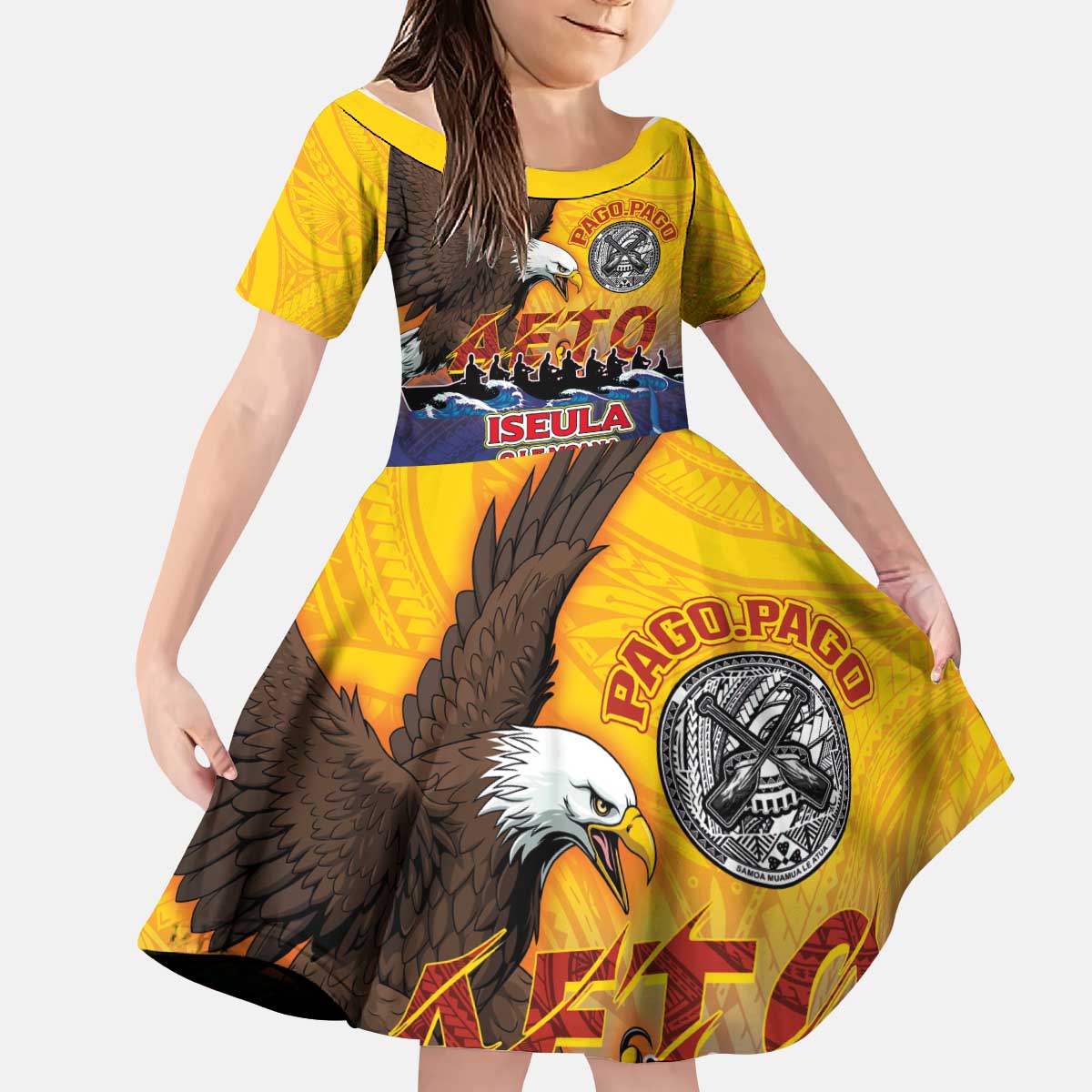 American Samoa Fautasi Kid Short Sleeve Dress Bald Eage and Sailfish with Kakau Motifs - Polynesian Pride