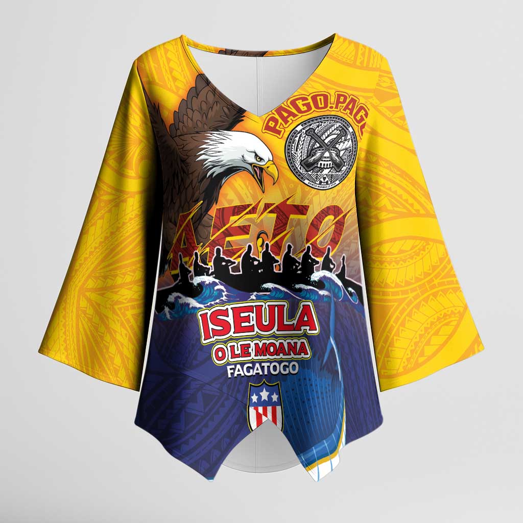 American Samoa Fautasi Kimono Sleeve Blouse Bald Eage and Sailfish with Kakau Motifs - Polynesian Pride