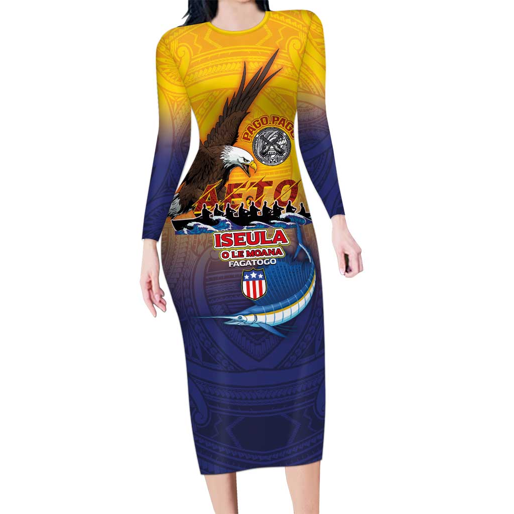 American Samoa Fautasi Long Sleeve Bodycon Dress Bald Eage and Sailfish with Kakau Motifs LT03 Long Dress Yellow - Polynesian Pride