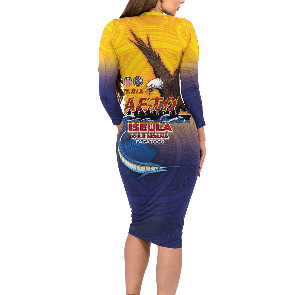American Samoa Fautasi Long Sleeve Bodycon Dress Bald Eage and Sailfish with Kakau Motifs LT03 - Polynesian Pride