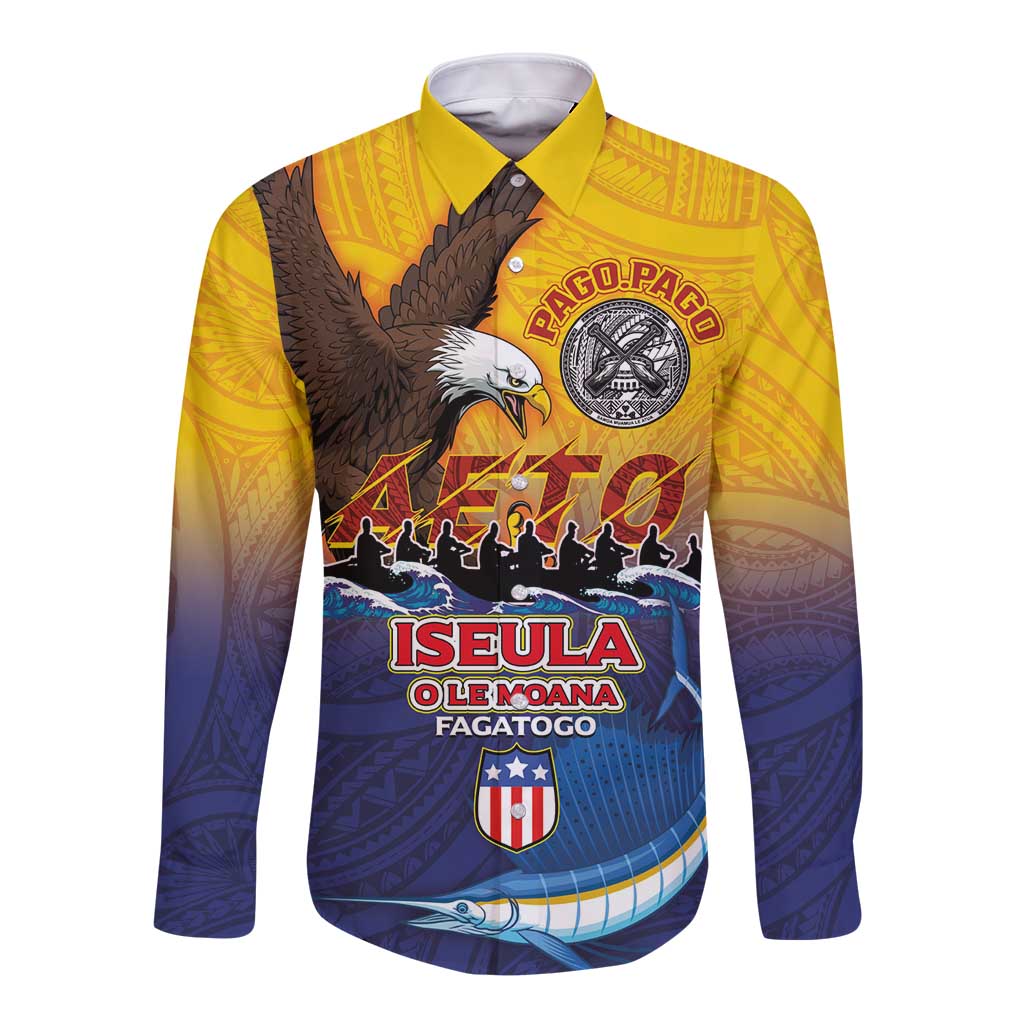 American Samoa Fautasi Long Sleeve Button Shirt Bald Eage and Sailfish with Kakau Motifs - Polynesian Pride