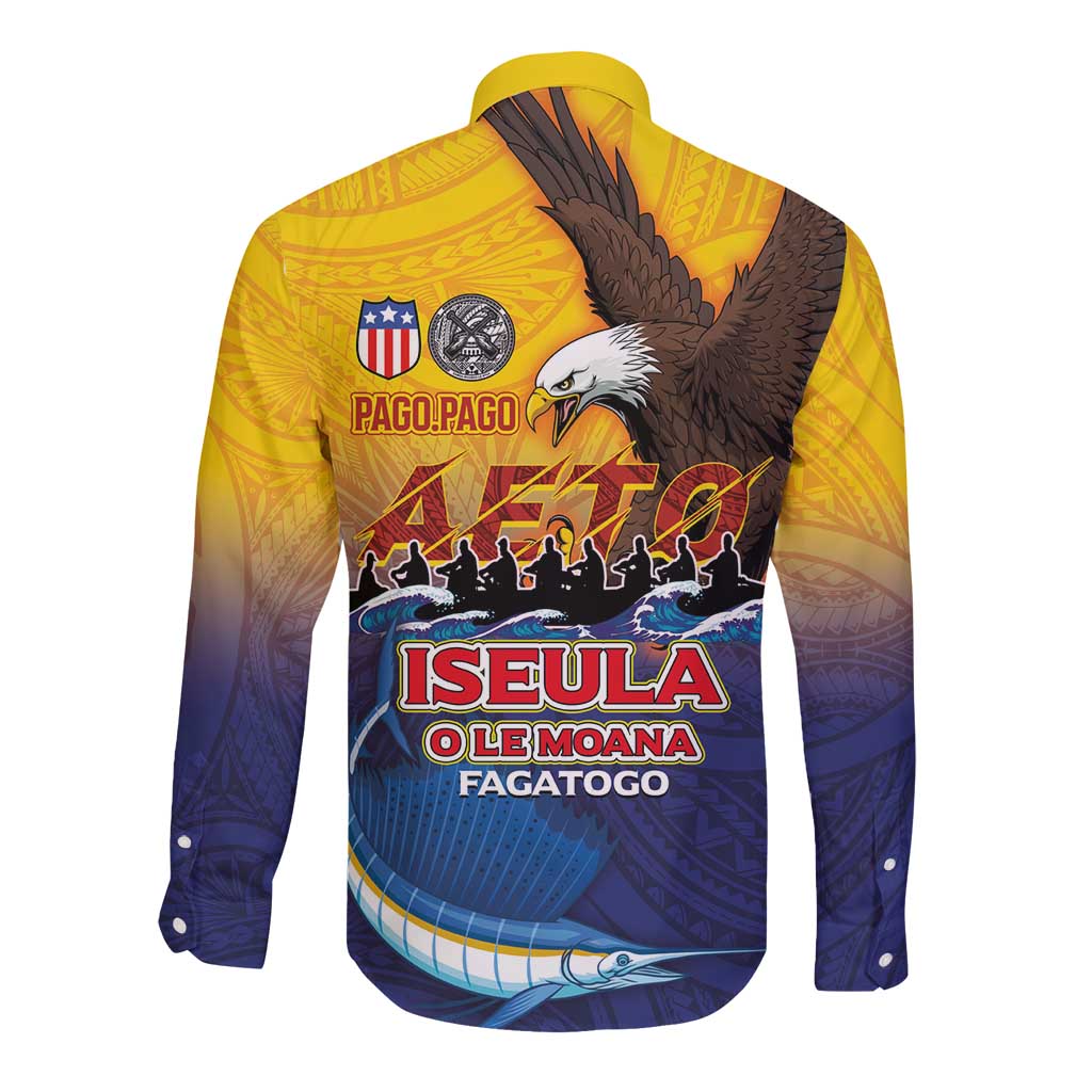American Samoa Fautasi Long Sleeve Button Shirt Bald Eage and Sailfish with Kakau Motifs - Polynesian Pride